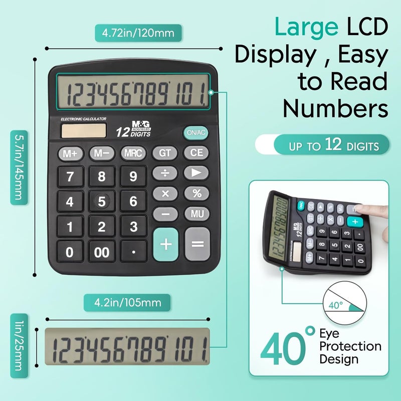 MG Desk Calculator 12 Digit Office Calculators with Large LCD Display, Dual Solar Power and Battery, Recessed Big Button Calculator for Office Home (Black, Pack of 5) - Image 5
